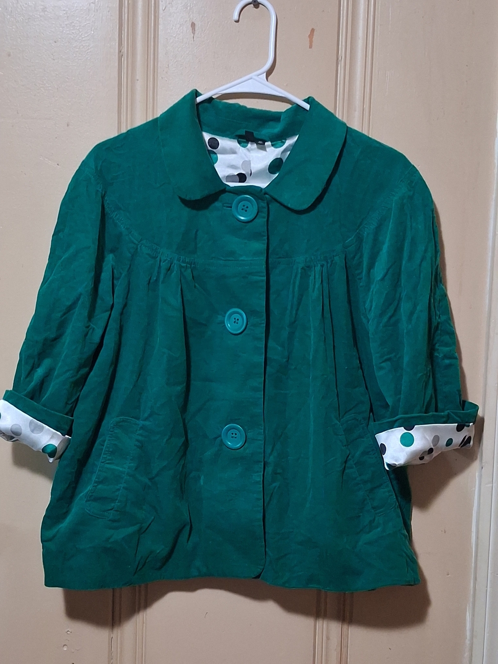 Madison Teal Short Swing Pea Coat with Polka Dot Lining